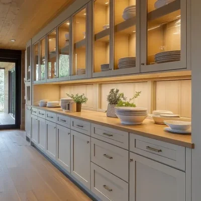 Kitchen cabinets with glass doors displaying dishes and decorative plants.