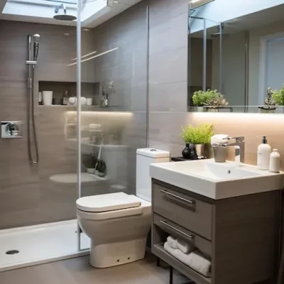 Modern bathroom with a glass shower, sleek vanity, and natural light.