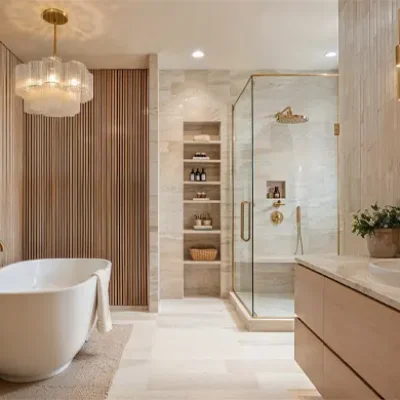 Luxury bathroom with freestanding bathtub and glass-enclosed shower.