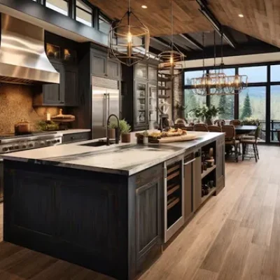 Spacious modern kitchen with dark cabinets, island, and large windows.